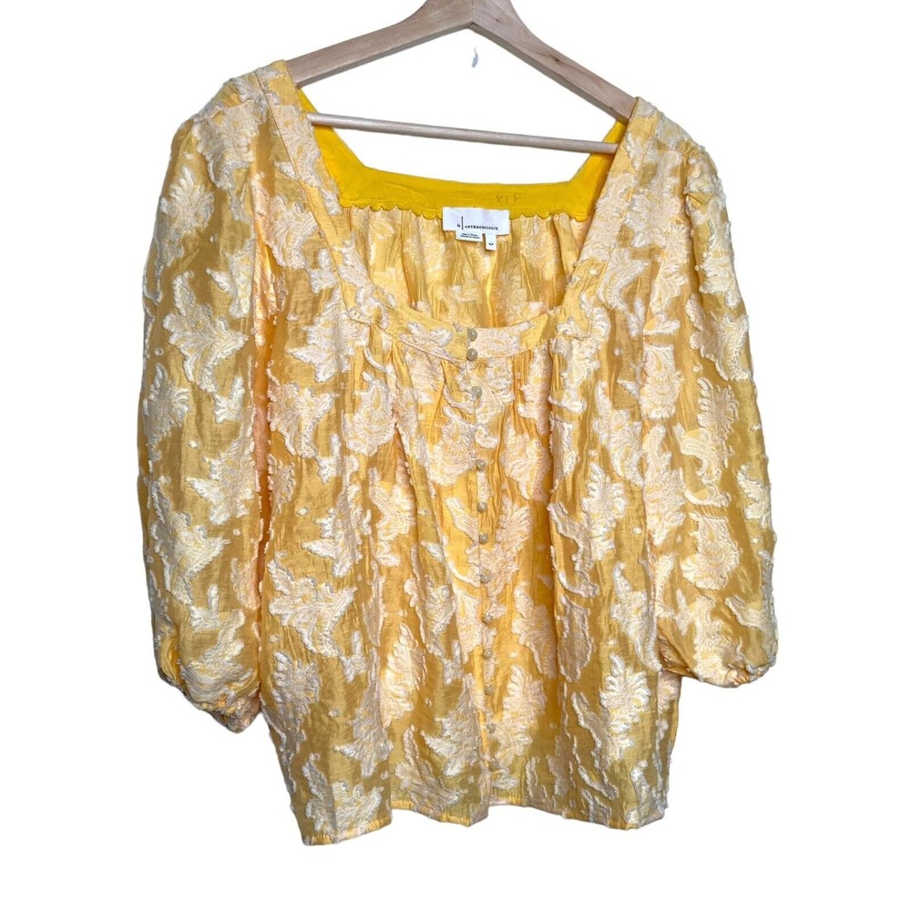 Anthropologie Yvonne Textured Yellow White Button Down Blouse Shirt Size XLP - Picture 3 of 12